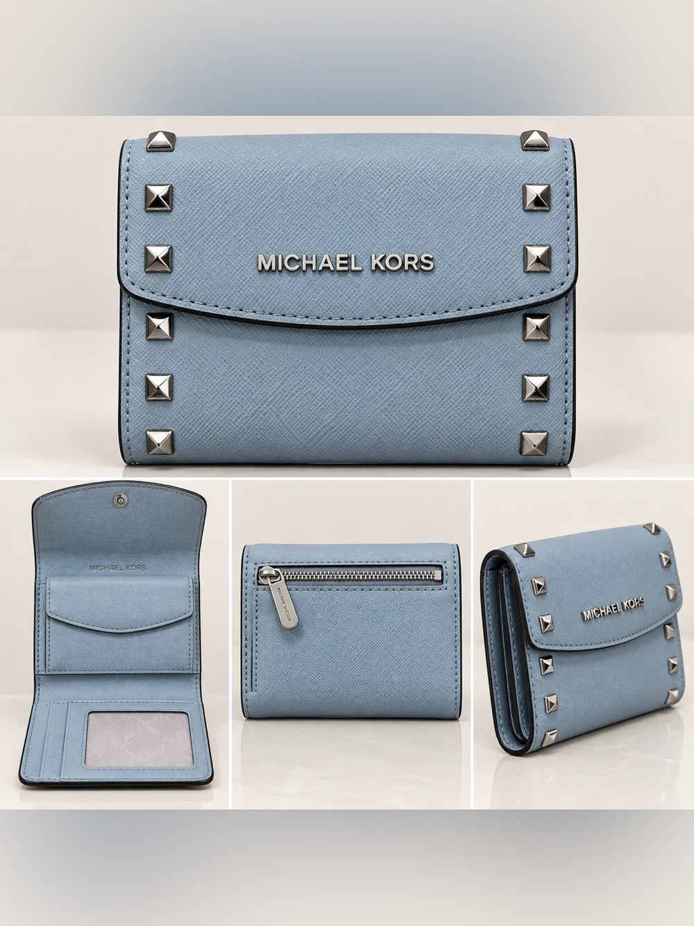 MICHAEL KORS Light Blue Studded Trifold Wallet
